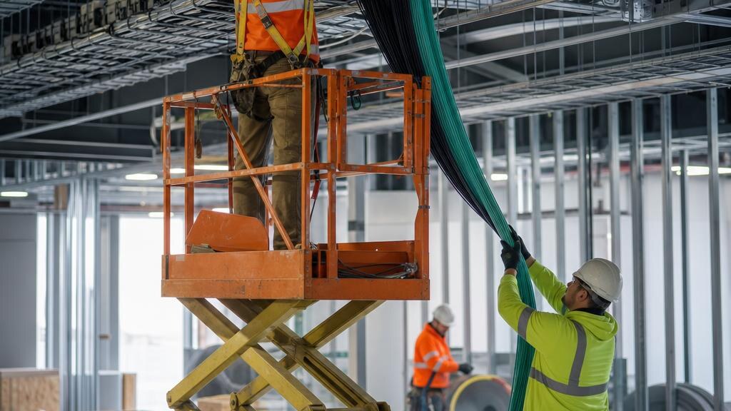 Cabling crew working from an elevated platform inside a commercial building