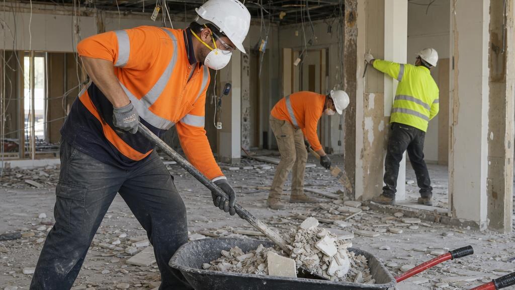 Demolition labourers clearing a commercial strip-out site in Sydney