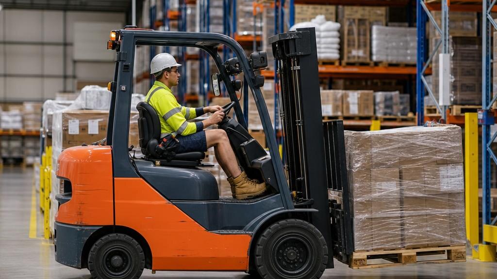 Licensed forklift operator moving a pallet in a Sydney warehouse