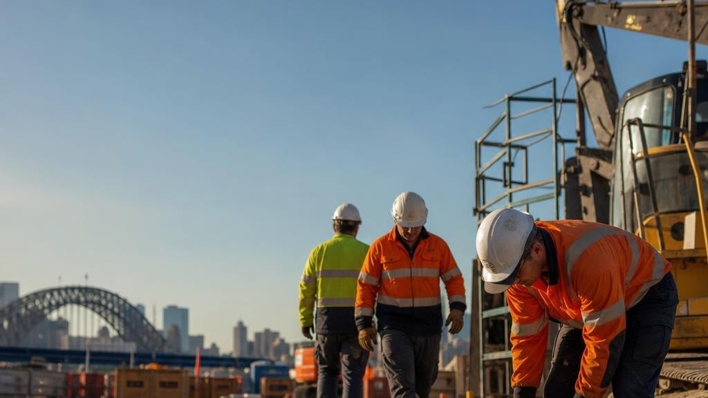 Sydney construction labourers in high-visibility workwear beside heavy plant, with the Harbour Bridge in the background