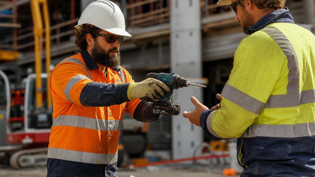 Two trade assistants sharing tools on a Sydney construction site