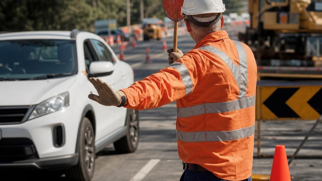 Traffic controller in orange hi-vis directing vehicles at a NSW road works site